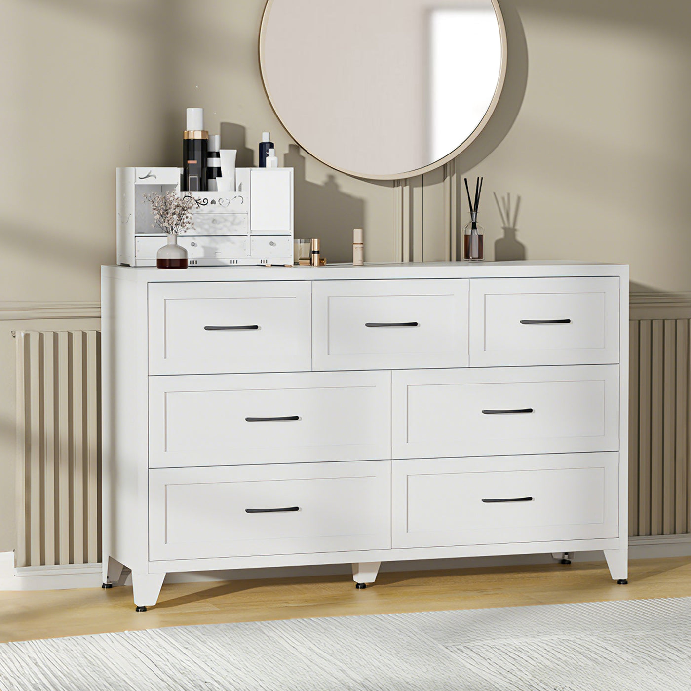 7-Drawer White Metal Dresser Storage Cabinet Bedroom