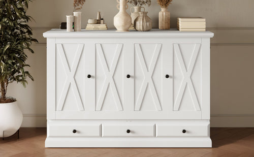 Farmhouse Style Solid Pine Murphy Bed Chest Cube with Charging Station and Storage Drawer, Full, White