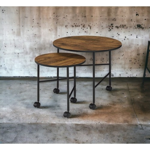 Nesting Table Set of 2 - Wood & Metal - Vintage Oak - 23" & 16" Round