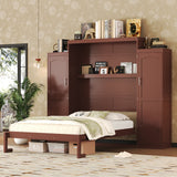 Queen Size Murphy Bed, Wooden Queen Wall Bed with 2 Wardrobe and Storage Shelf, Multifunctional Foldable Platform Bedframe for Guest-Room, Bedroom, Walnut