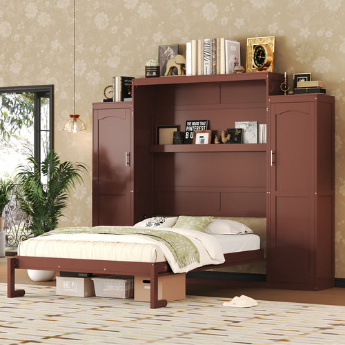 Queen Size Murphy Bed, Wooden Queen Wall Bed with 2 Wardrobe and Storage Shelf, Multifunctional Foldable Platform Bedframe for Guest-Room, Bedroom, Walnut