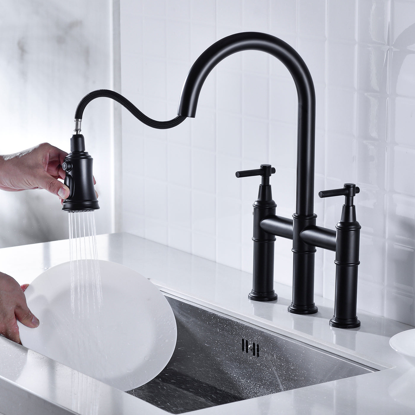 Bridge Kitchen Faucet with Pull-Down Sprayhead Spot