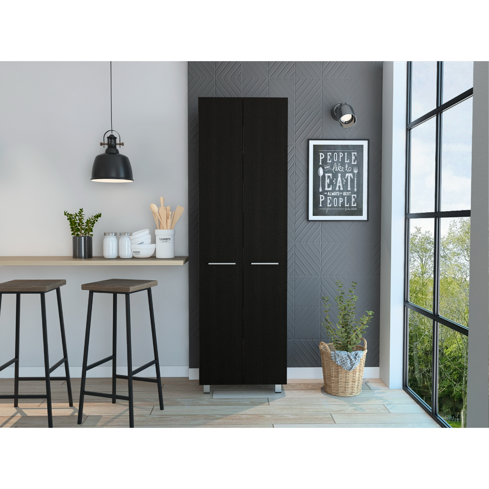 Black Pantry Cabinet with 5 Interior Shelves and 4 Legs