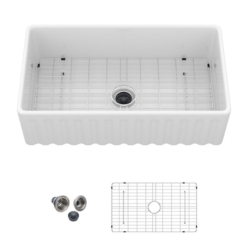 33" White Farmhouse Sink - 33 x 18 x 10 inch Kitchen Sink Apron-front White