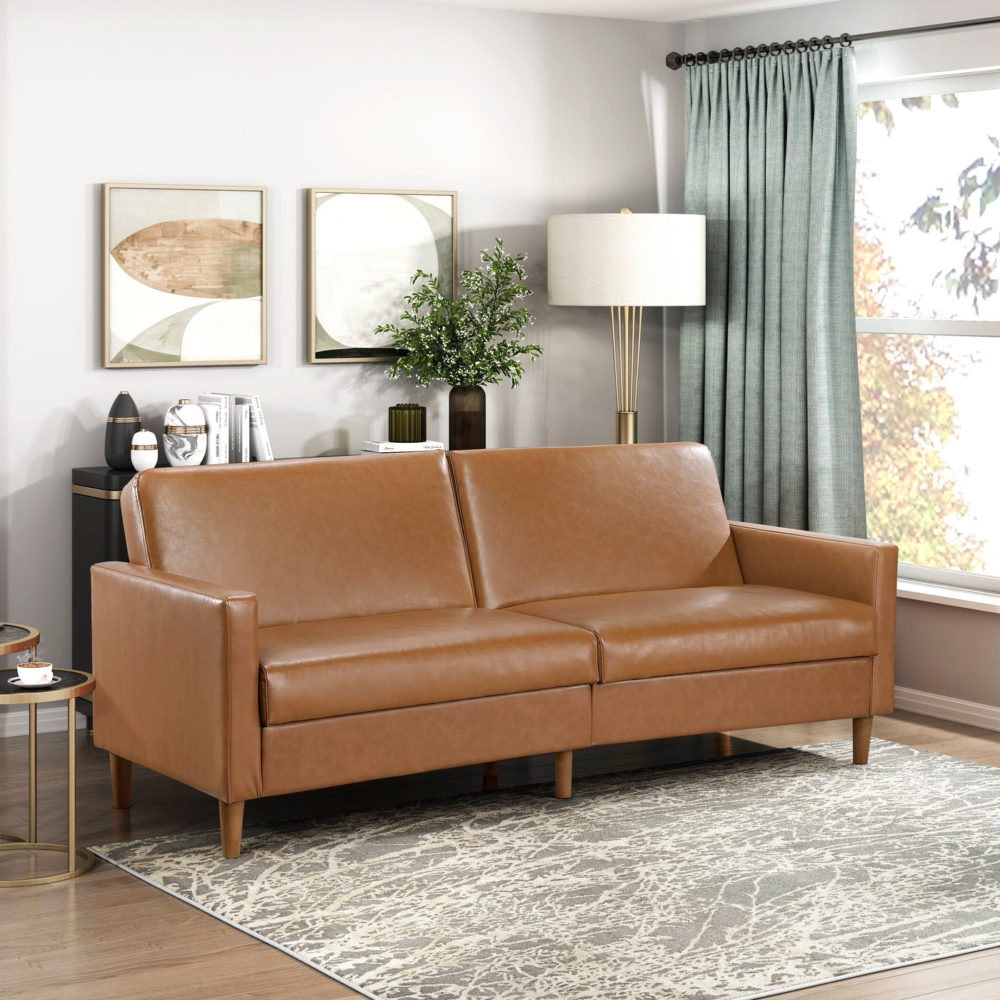 Camel Faux Leather Modern Sofa Bed Plywood Frame
