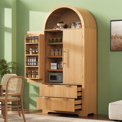 72" Tall Arched Kitchen Pantry Cabinet with Drawers Natural Wood