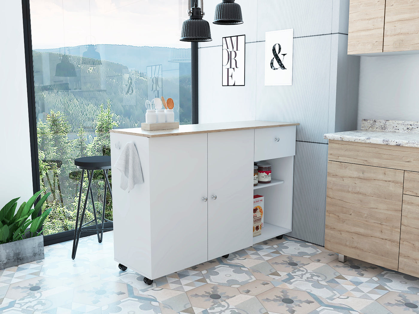Kitchen Island Cart with 4 Shelves and Drawer, White/Light Oak