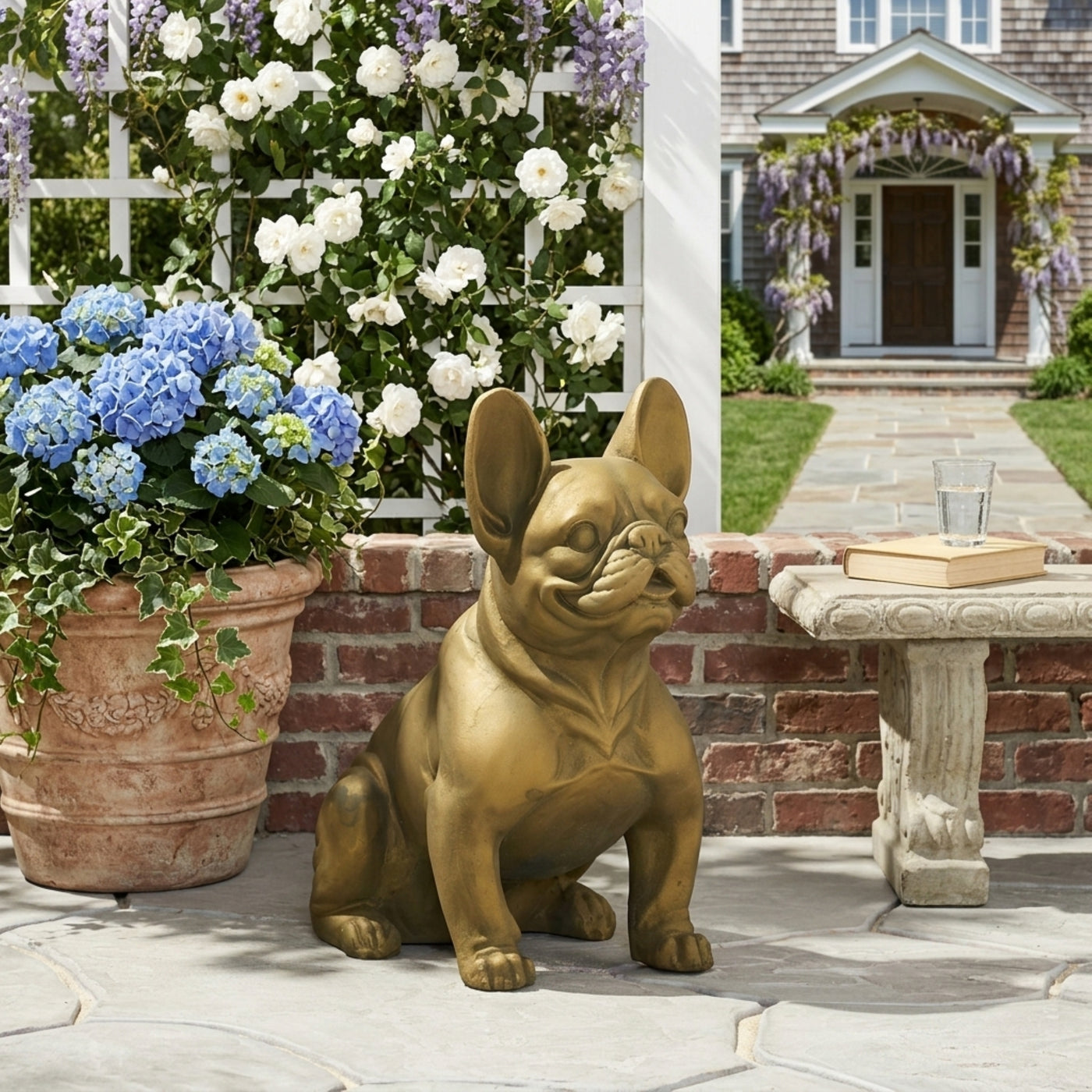 French Bulldog Garden Statue Outdoor Sculpture Rustic Gold