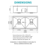 Double Bowl (50/50) Undermount Kitchen Sink- 36"x19"x10" Gunmetal Black 16 Gauge