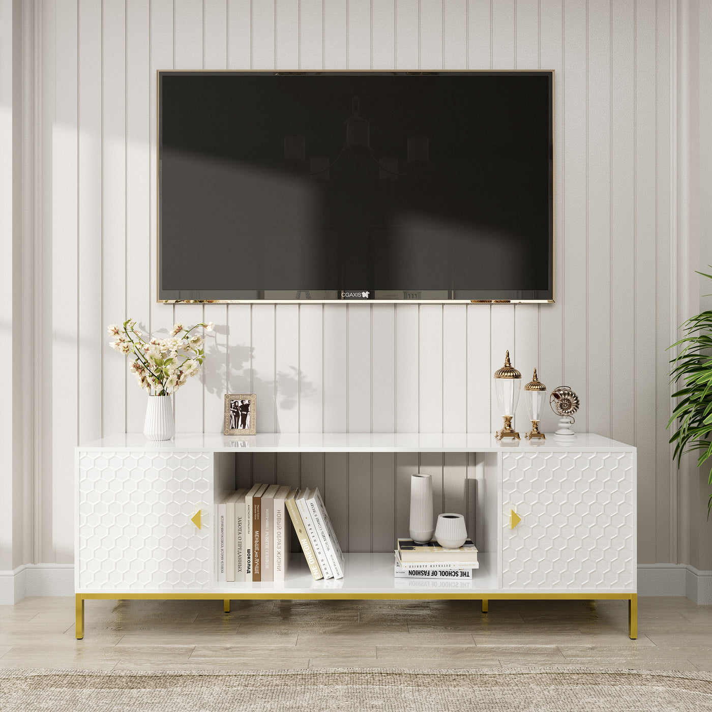 TV Stand Fireplace Space MDF White Honeycomb Door Gold Legs 80 LB 70 In