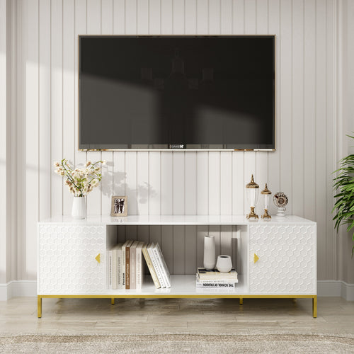 TV Stand Fireplace Space MDF White Honeycomb Door Gold Legs 80 LB 70 In