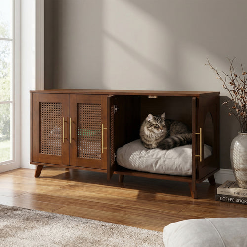 Myra Indoor Premium Rubber Wood Cat Cabinet with Cozy Cushion – Stylish Hidden Pet Furniture for Modern Living Spaces