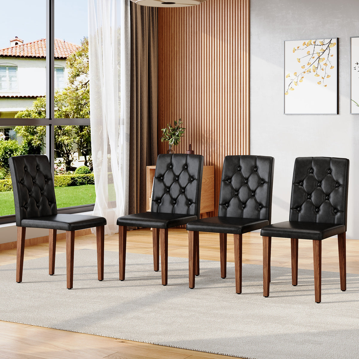 Set of 4 Metal Dining Chair Black/Walnut