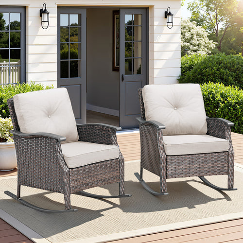 Set of 2 PE Rattan Gliding Patio Chairs with Beige Cushions