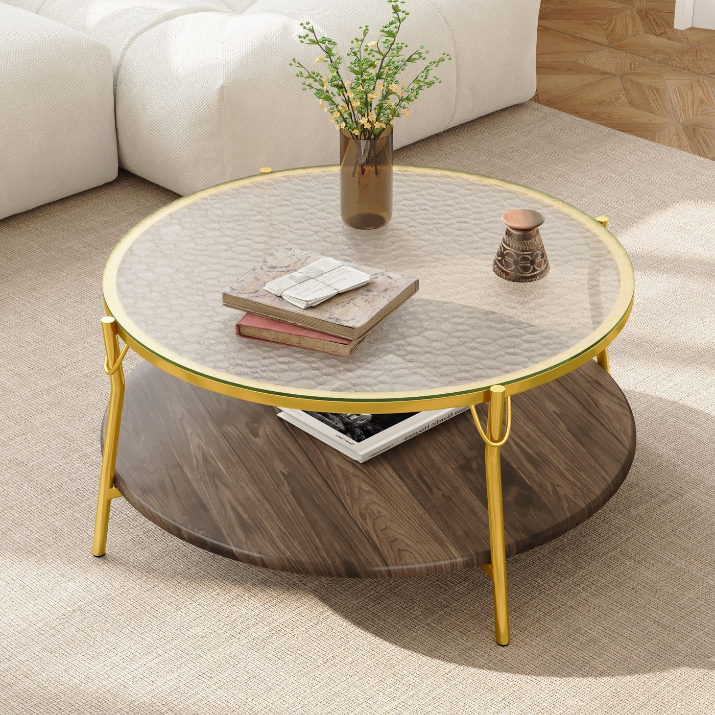 Modern Round Walnut 2-Tier Coffee Table Glass Top Gold Base