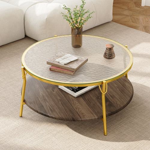 Modern Round Walnut 2-Tier Coffee Table Glass Top Gold Base