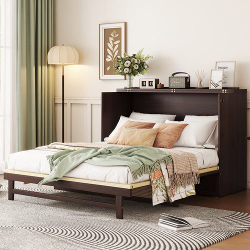 Queen Size Pine Wood Murphy Bed with Storage Drawer