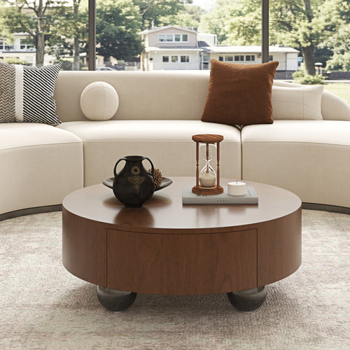 Round Solid Wood Coffee Table with Storage Walnut