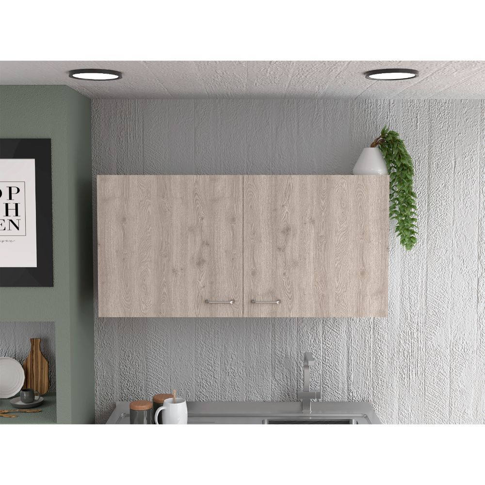 Wall Cabinet Two Shelves Double Door White Light Gray