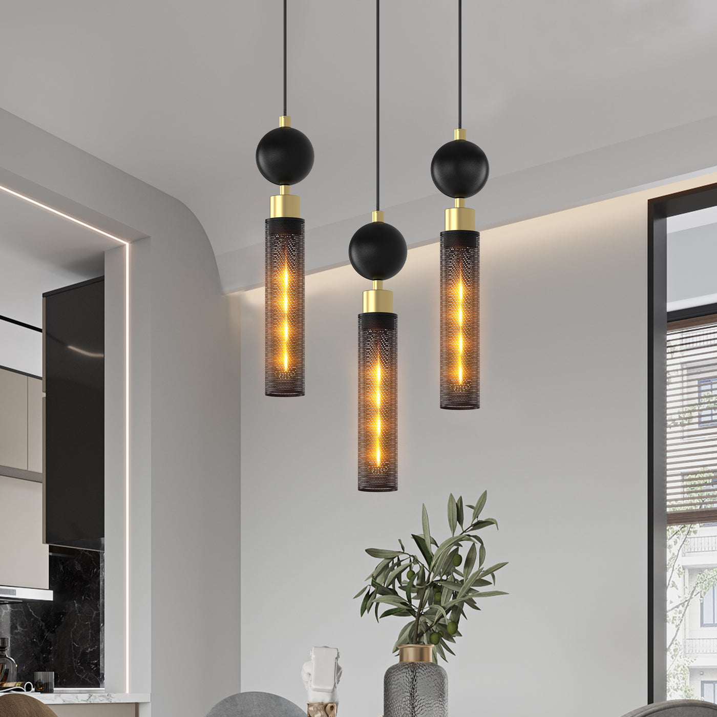 Modern Black Wrought Iron Pendant Light (for Kitchen Island), Adjustable Cord