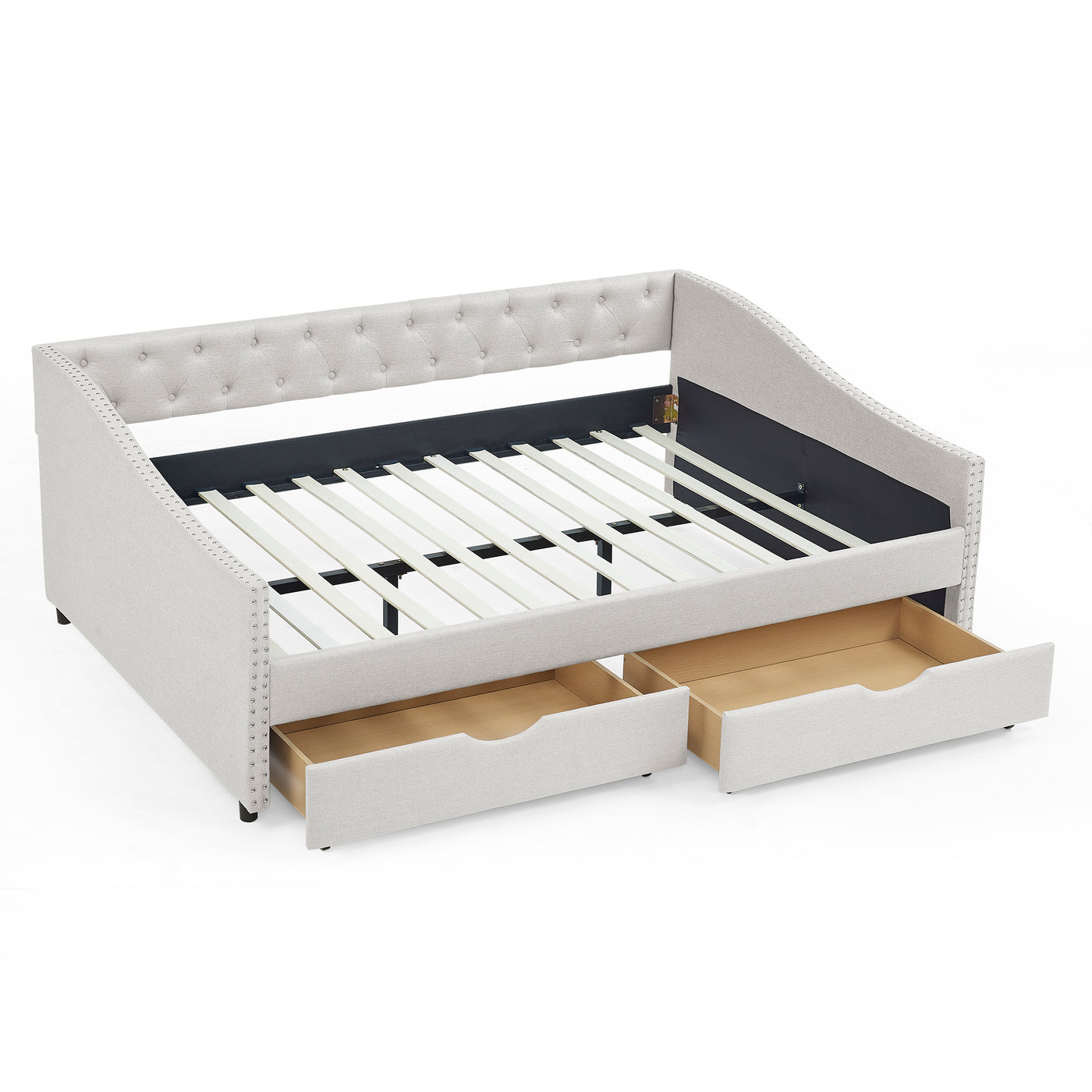 Beige Tufted Full Size Daybed with Drawers, Nailhead Trim