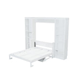 White Queen Size Murphy Bed with Desk and Bookshelf, Pine Wood + MDF, 116.9''L x 84.6''W x 86.8''H