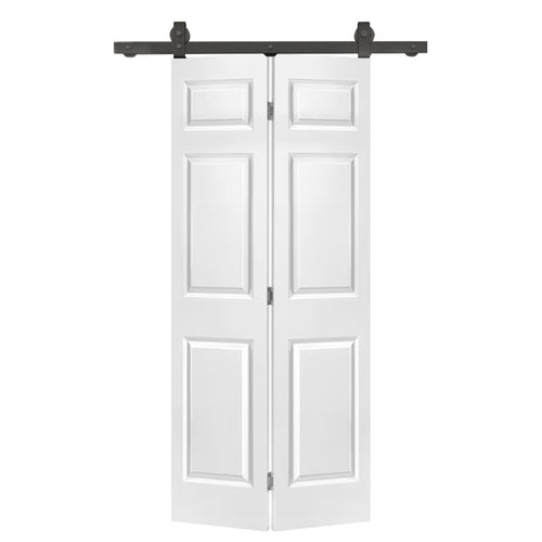 36" x 80" 6-Panel White MDF Bi-Fold Barn Door with Hardware