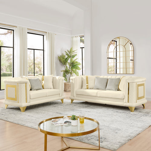 2PCS Velvet Sofa Set Loveseat 89" 3 Seater Tufted Beige