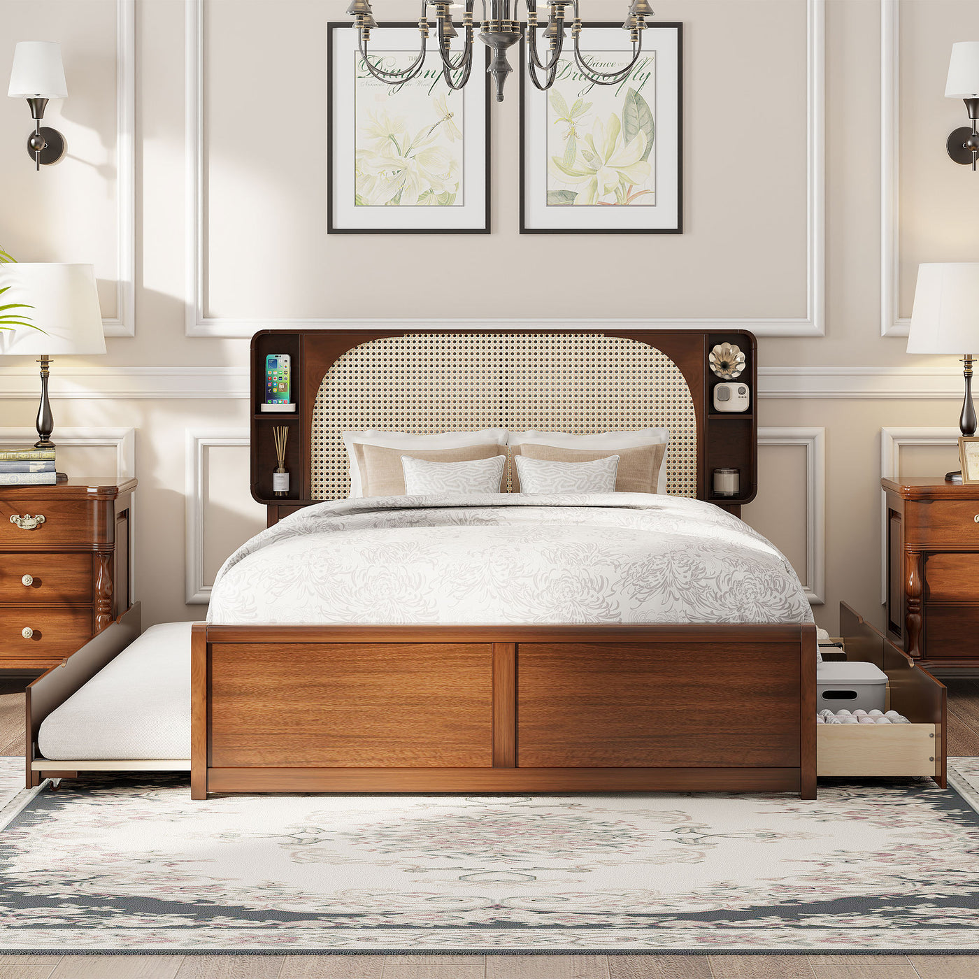 Queen Size Rattan Bed with Drawers and Trundle, Walnut