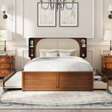 Queen Size Rattan Bed with Drawers and Trundle, Walnut