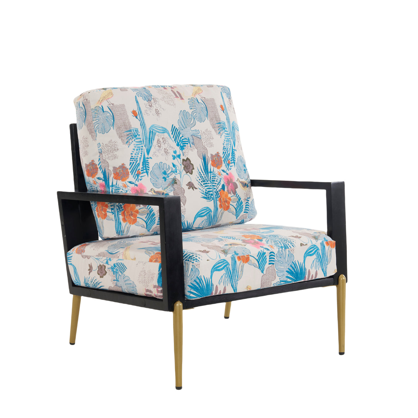 Mid-Century Modern Blue Floral Velvet Armchair Gold Legs
