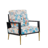 Mid-Century Modern Blue Floral Velvet Armchair Gold Legs