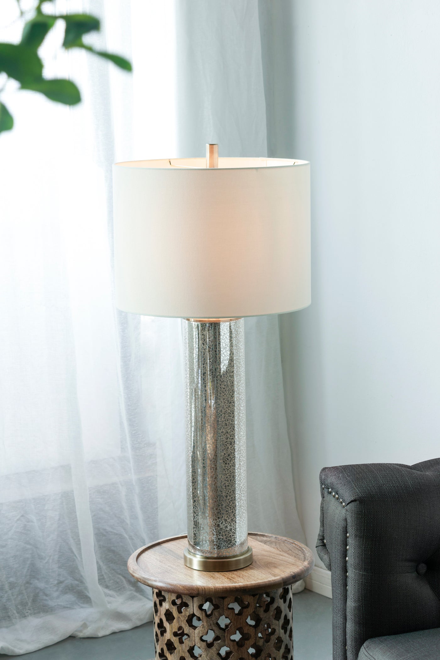16x16x35 Gold Mirrored Glass Table Lamp White Shade