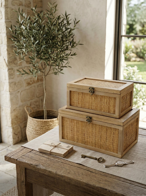 Woven Rattan Decorative Storage Boxes Set of 2