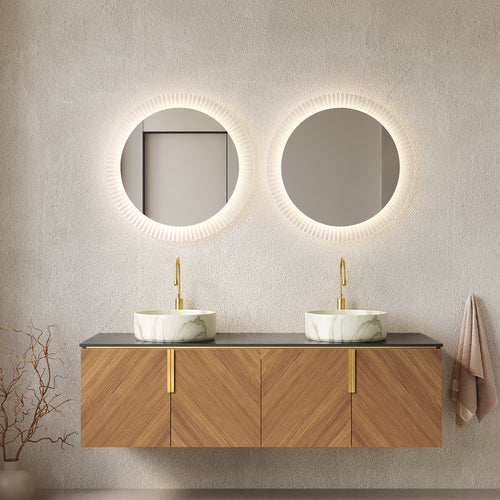 60' Bathroom Vanity with Sinks, Floating Plywood Cabinet 4 Doors Black Sintered Stone