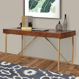 Writing Desk Modern Walnut Wood Gold Metal Legs 60x24x30 In