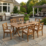 7 Pieces Acacia Wood Outdoor Dining Set with Cream Cushions,Modern 6 Chairs  1 Large Table,Dining Furniture Set for Lawn, Backyard, Garden Deck,Poolside,Teak