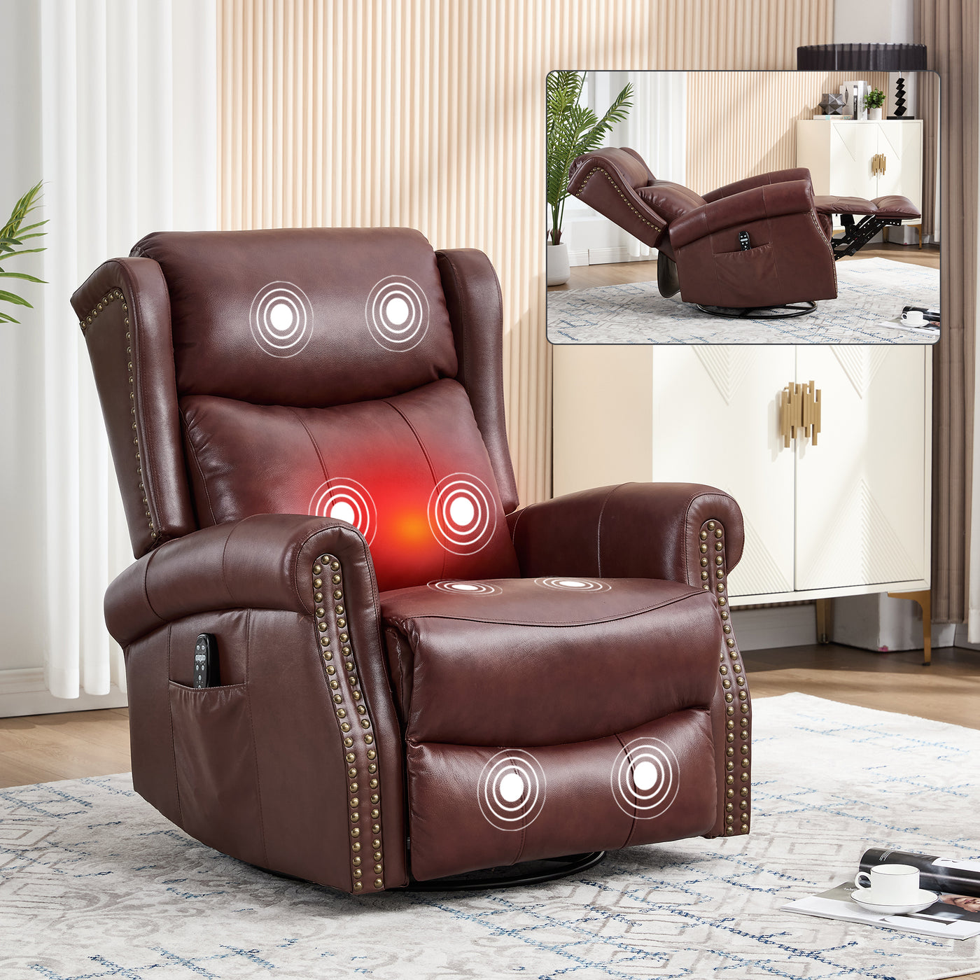 Red Leather Heat Massage Recliner Chair with Rocker