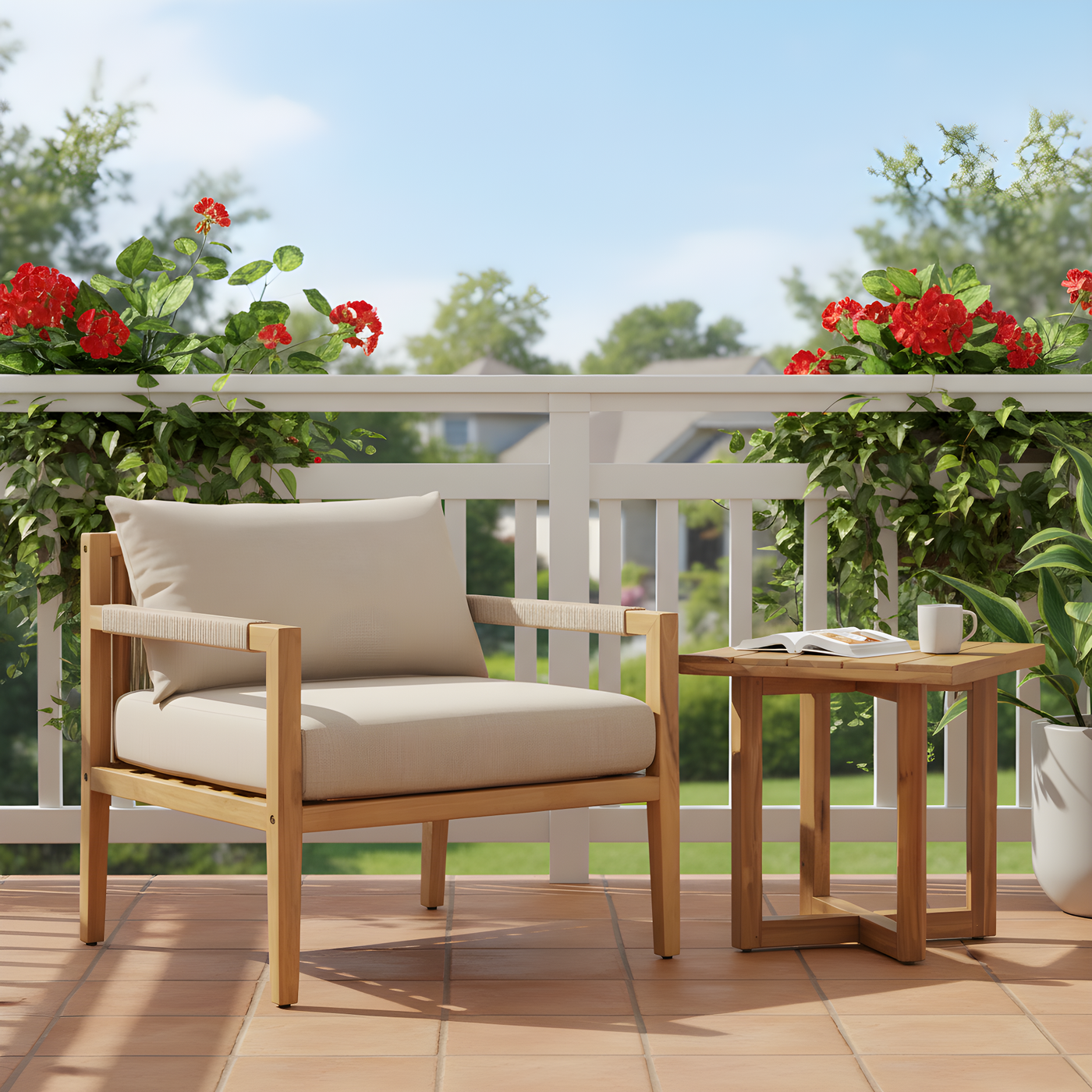 Outdoor Chair Set Acacia Wood Rope Beige Cushion with Side Table