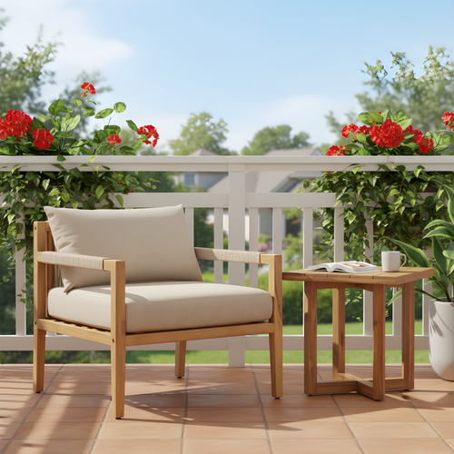 Outdoor Chair Set Acacia Wood Rope Beige Cushion with Side Table