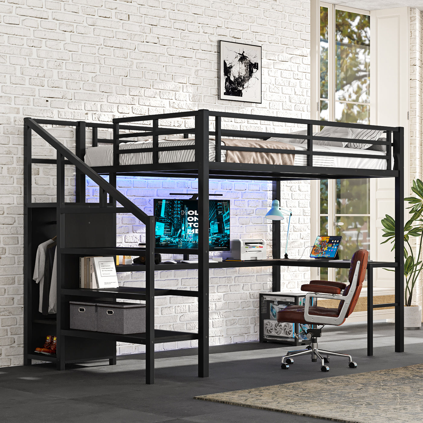 Full Size Loft Bed with L-Shaped Desk and LED, Black