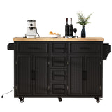 K&K 56.5'' Kitchen Island with Drop Leaf, Power Outlet, Embossed Vertical Stripe
