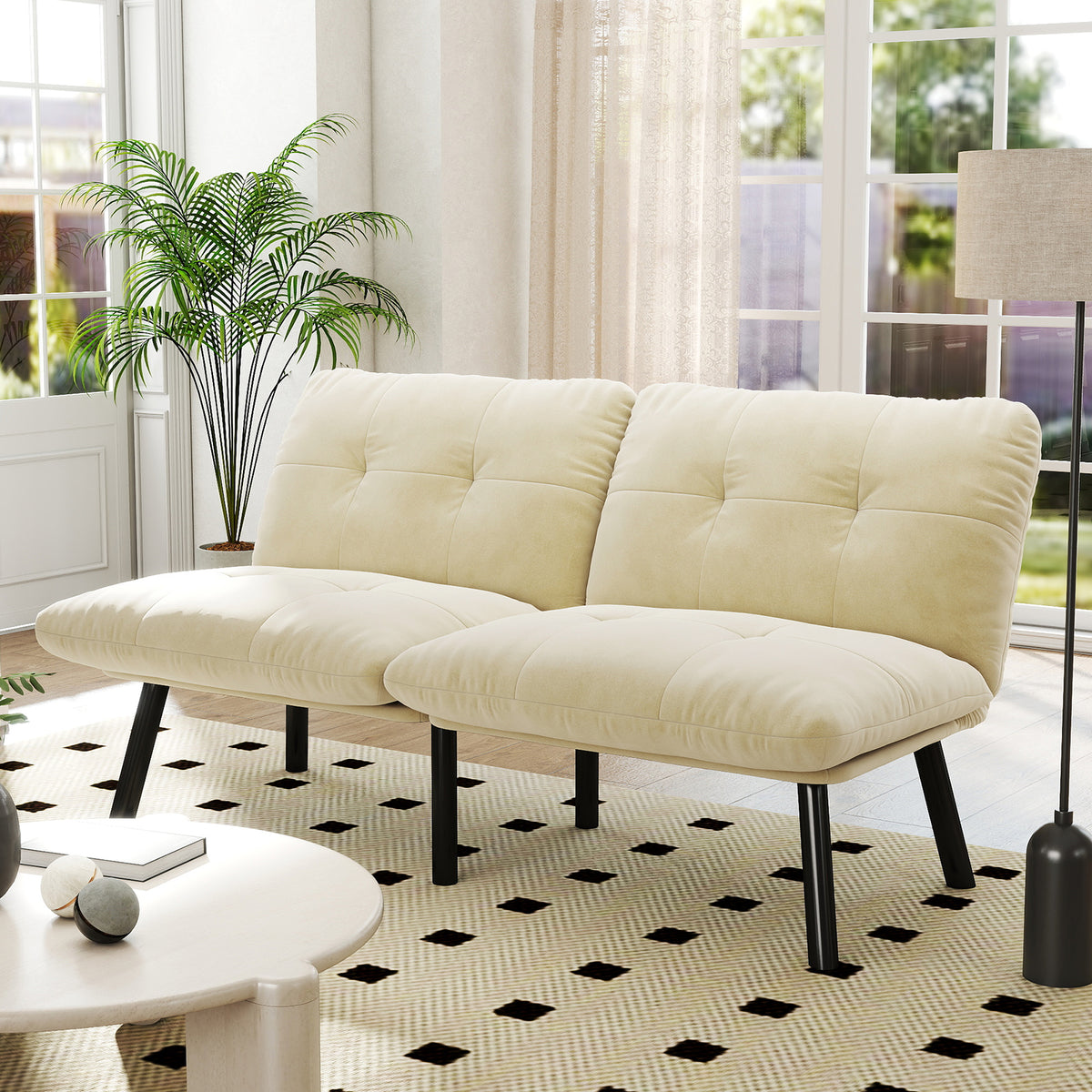 Fabric Sleeper Sofa Foldable Cream 63"