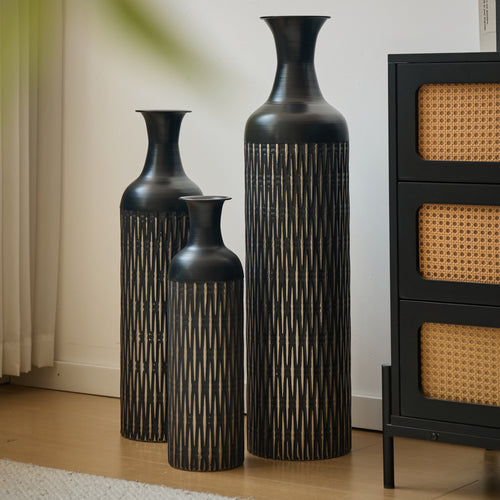 Set of 3 Black Metal Floor Vases, Textured Pattern, 32.68