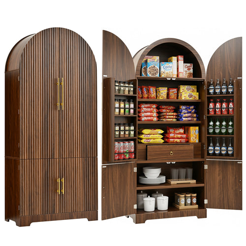 72" Arched Kitchen Pantry Cabinet with 8 Door Shelves, Brown