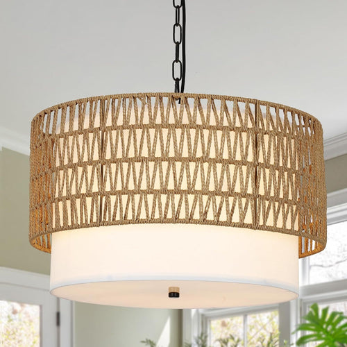 5-Light Rattan Boho Chandelier with Fabric Shade