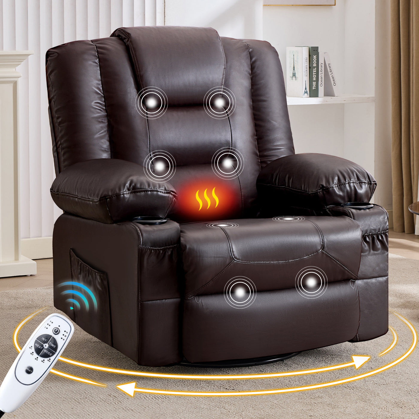 Brown Massage Heat Recliner Chair with Swivel and Cup