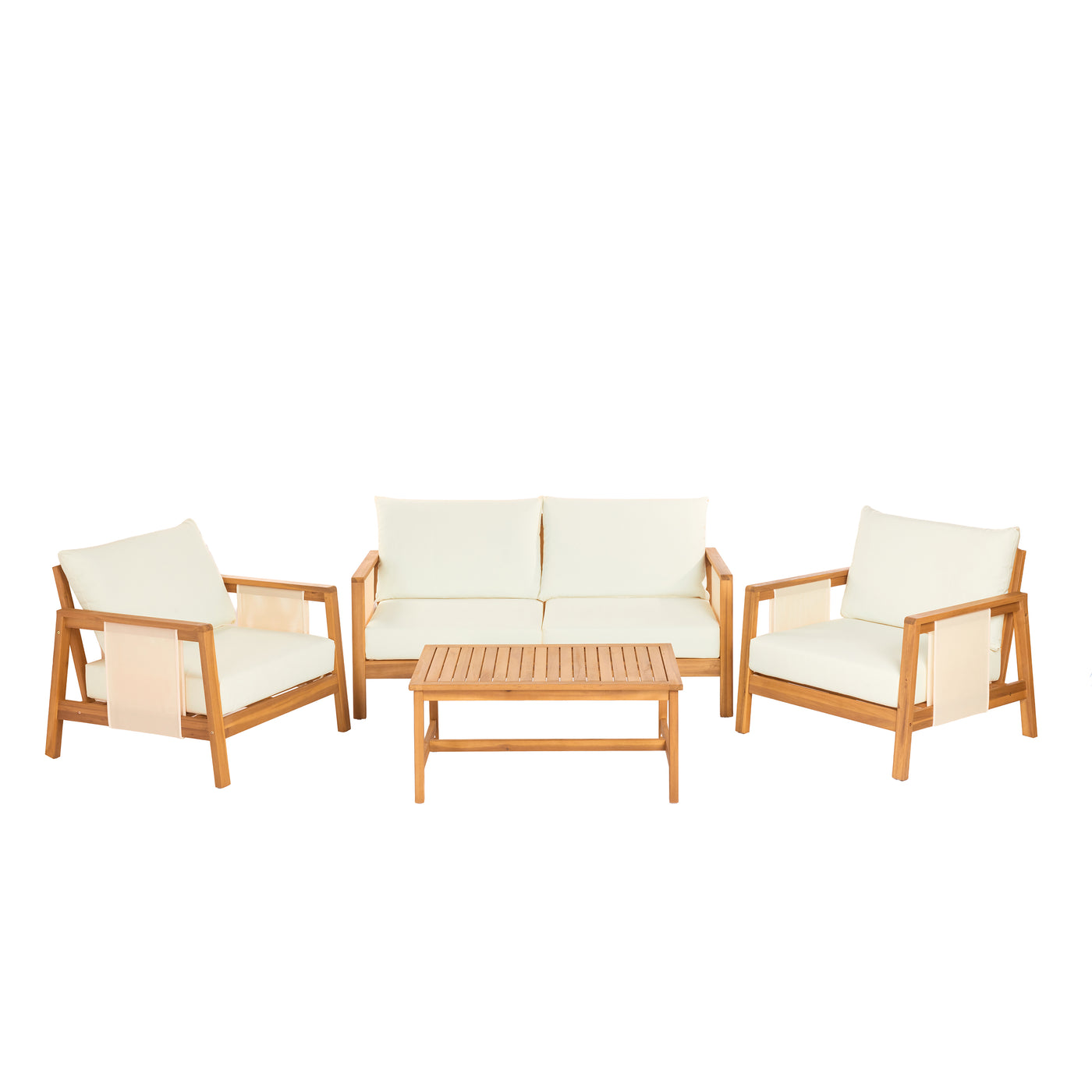 Outdoor Sofa Set Acacia Wood Textilene Teak Beige 4 Piece Seats 4