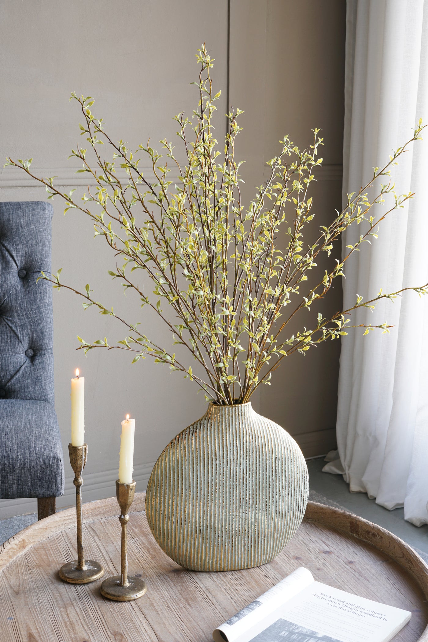 Gold Ceramic Accent Vase Vertical Ribbed Texture 12.2x2.8x12.4