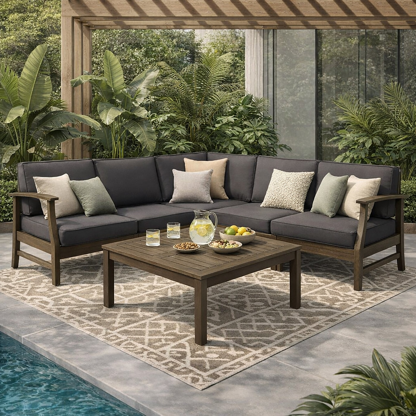 Outdoor Sectional Set Acacia Wood Dark Gray Cushion 6 Piece Seats 5